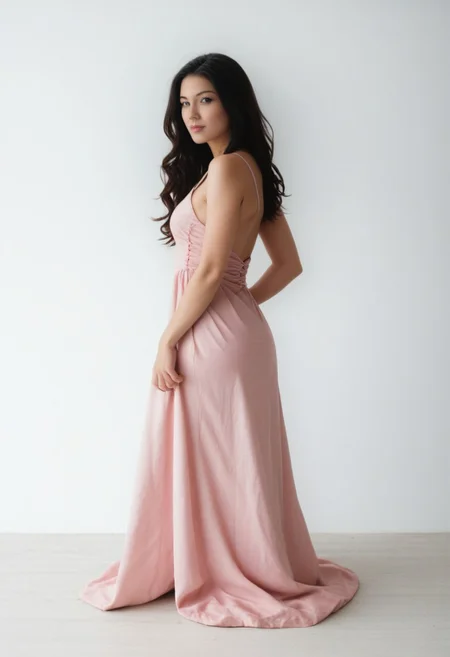 girl photo model, beautiful body, visible ribs, 22 years old, black hair, turns around, studio photo, slim, big boobs, random photo model pose, ((Ceceline2)), sexy mini pink dress
