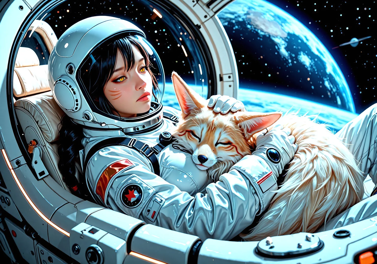 1girl,Masterpiece, ((Ahri)),looking away,best quality, ultra-detailed, 8k, cinematic lighting, fantasy art,foxgirl, 9tails, white tails,ears hidden under helmet,kitsune,black long hair, single braid,yellow eyes,slit pupil,Facial mark, perky medium breasts, c-cup,(wears full body astronaut suit:1.2),astronaut helmet,on the moon, space,(alone,:1.7), unconscious,peaceful expression, closed eyes, laying down,((head on her own tails:1.4)),(resting her head on her own tail),
tail bent gently under her cheek, fluffy and soft,
focus on comfort and softness,
tails cradling her head, ,moonlandscape,dusty surface, moonbase background, high fantasy style,realism,realistic,3d, SmoothNegative_Hands, Smooth_Quality, Smooth_Negative