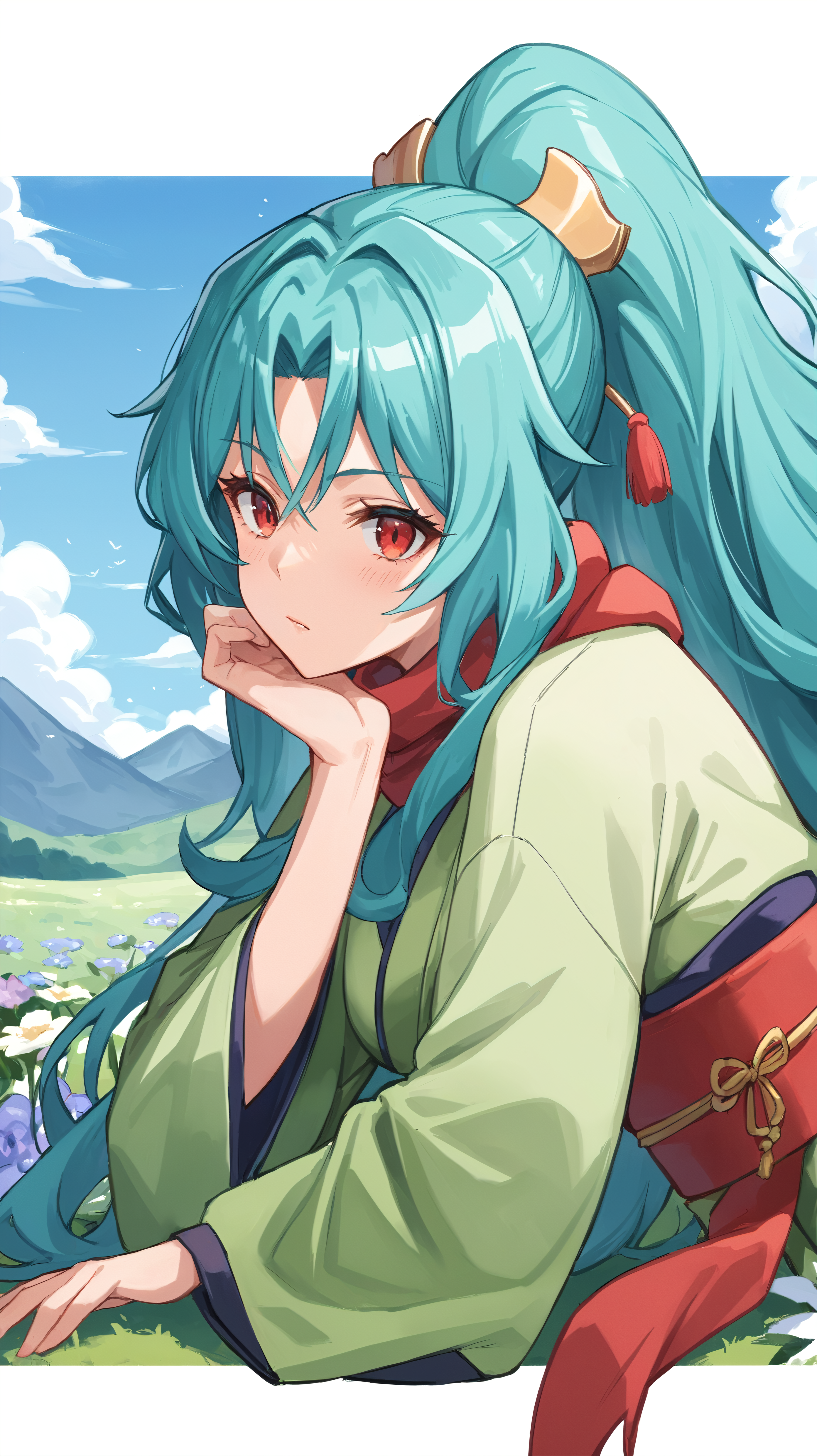 score_9,score_8_up,score_7_up,score_6_up, source_anime, zPDXL, <lora:xl_more_art-full_v1:0.5>, woman, dynamic pose, head rest, <lora:Tomoe  - Pony-000004:0.8>, green kimono, long hair, aqua hair, ponytail, red eyes, red scarf, red obi,  open field, meadow of flowers, mountains in background,