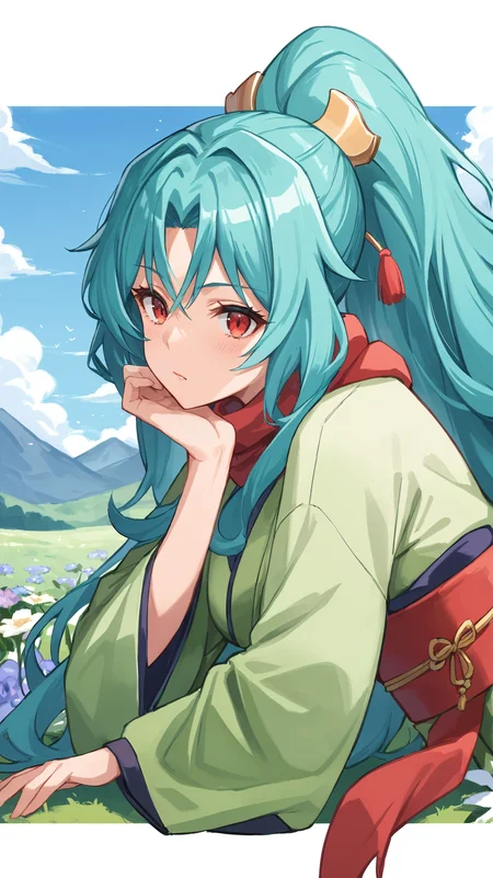 score_9,score_8_up,score_7_up,score_6_up, source_anime, zPDXL, <lora:xl_more_art-full_v1:0.5>, woman, dynamic pose, head rest, <lora:Tomoe - Pony-000004:0.8>, green kimono, long hair, aqua hair, ponytail, red eyes, red scarf, red obi, open field, meadow of flowers, mountains in background,