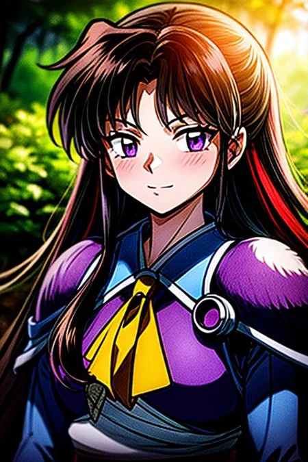 masterpiece, best quality 1girl Setsun4 solo long hair, (night time) forest background black hair very long hair purple eyes multicolored hair armor (fur trim) (medium body),<lora:EMS-179-EMS:0.800000>,<lora:EMS-293862-EMS:0.800000> bow, hair_bow, hair_tubes, red_bow, brown_hair, long_hair, bangs, ascot, frilled_bow, yellow_ascot, blush, smile, hair_between_eyes, athletic, armor, miko