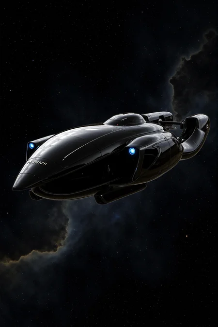 <lora:SpaceCraft_v.5:0.8> SPCCRFT style.
A hyper-refined deep-space massive dreadnought with a silhouette inspired by luxury sports aerodynamics, finished in high-gloss obsidian black and satin chrome accents, its frame streamlined into a colossal monocoque fuselage with recessed weapon bays and seamless paneling; the tiny cockpit canopy blends into the body like tinted glass armor, while rear-mounted engines emit a subtle cobalt glow; the dreadnought glides across a star-dense void, its form a fusion of organic curvature and advanced aerospace design, captured in a broadside profile that emphasizes grandeur and sculptural elegance with chiaroscuro reflections running across its hull. Inspired by brutal, monumental and menacing design of Maybach, luxury icon.