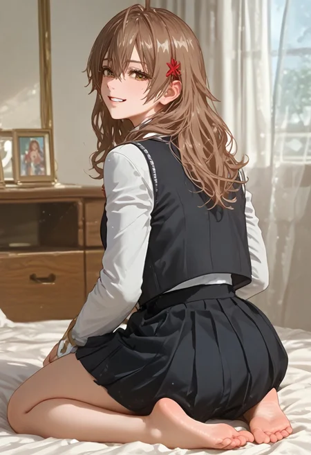 markuj, brown hair, brown eyes, school uniform, hair ornament, hair between eyes, collared shirt, black vest, jacket, bow, black skirt,
realistic style photo Japanese young woman, score_9, score_8_up, score_7_up, shiny skin, sweaty, hot sunlight, bedroom,
kneeling, 1girl, rear view, looking back, bare foot, bare feet, mischievous grin, full body