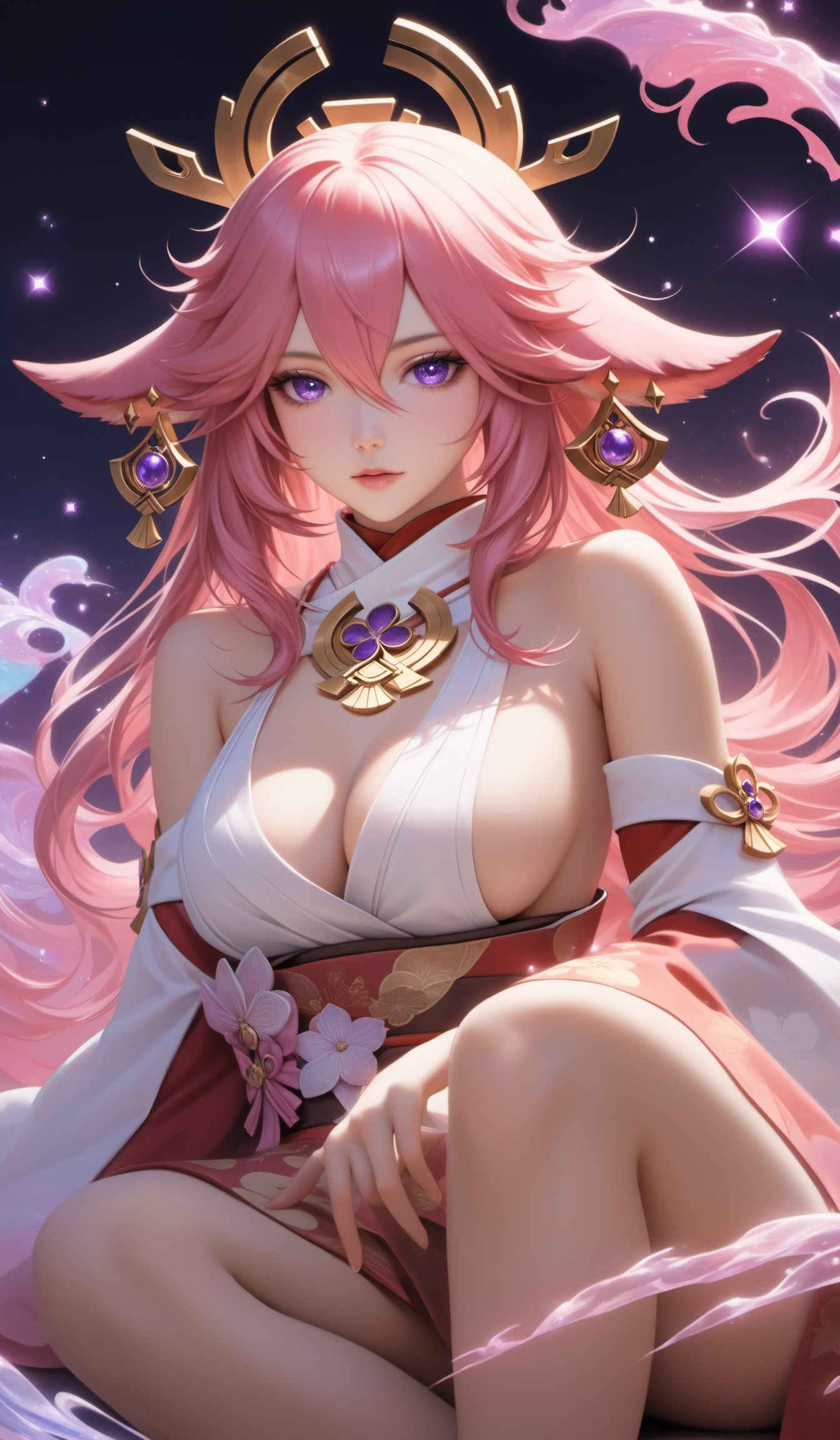 (genshin impact)yae miko,pinke hair,long hair,fox ears, hair ornament, earrings, purple eyes,bare shoulders, detached sleeves,wide sleeves, jewelry,sideboob,japanese clothes, \(genshin impact\),
(Best quality,masterpiece,absurdres,ultra realistic:1.4),(Rococo:1.4),(close portrait:1.3),(((photo raw)),),peerlessly , beautiful detailed eyes,(see-through_clothing),(Elegant),shine,glowing,sparkling,energy coalescing and vibrating,(dynamic angle,dynamic pose),Close-up photo,W-sitting,nsfw, topless, nude,charming,alluring,seductive,enchanting,cleavage,exposed,(Dream_wave:1.22),
(Around floating colorful sparkles:1.4)the most beautiful form of chaos,(stars:1.4),(colorful flowers:1),