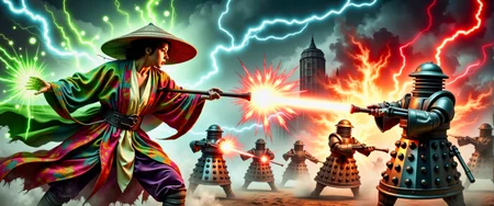 A dynamic action illustration showing a female techno-mage, wearing multi-colored robes and a (bamboo Coolie hat:1.2), engaging in an intense battle against several evil Daleks from planet Saros.  The techno-mage is using her staff to fire pulsating balls of green magical energy at the Daleks. The Daleks are firing red pulse energy beams at the techno-mage. Bolts of blue electrical discharges fill the air.  It is evening, and the battle takes place in a dark misty dystopian cityscape, outside a megalithic industrial complex.  This is a full frame body shot, providing a environmental wide angle view of the entire body.  Movie poster, bold colors, action sequence, complex patterns.  Intricate details, masterpiece, best quality.  Dramatic and dynamic high contrast lighting, dim dark atmosphere. <flux_realism_lora:0.64> <FluxDFaeTasticDetails:0.82> <BaroqueColorful:0.72>