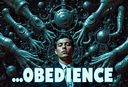 the words ...OBEDIENCE' written in large font fills the front of frame. In the back of frame weird man with in a dark room with checkerboard blue lotus PEOPLE ARE trapped inside machinery, people crushed inside mechanical gears, high gore arms crushed and bent, signs of wailing, people in business suits trapped in machinery. floors with blood on the ground with a white interior cyber tech electricity electical circuits illuminati symbols with brains and vaginas with high technology alchemical background lightning bolts