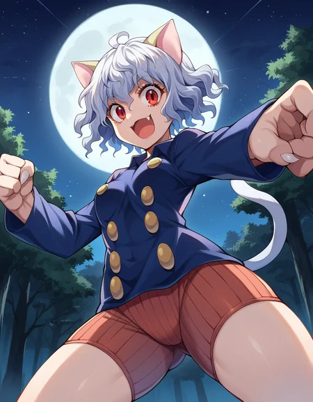 score_9, score_8_up, score_7_up, source_anime,
neferpitou, <lora:neferpitou-ponyxl-lora-nochekaiser:1>,
neferpitou, short hair, red eyes, animal ears, tail, white hair, cat ears, cat tail, curly hair, smile,
long sleeves, shorts,
outdoors, night, forest, night, moon, starry sky, fighting stance, shouting, open mouth,
looking at viewer, dutch angle, cowboy shot,