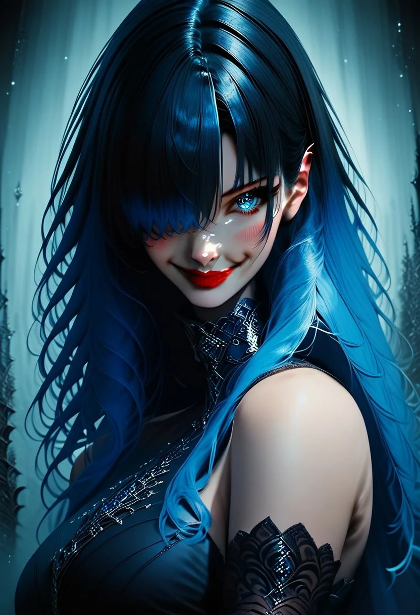 score_9, score_8_up, score_7_up, 
d4rkh0r1z0ncorners, DarkHorizonCorners, UOCsStyle, rating_safe,  1girl, solo, long hair, breasts, looking at viewer, blush, smile, bangs, blue eyes,  large breasts, black hair, closed dress, gloves, dress, bare shoulders, closed mouth,  blue hair, upper body, multicolored hair, elbow gloves, hair over one eye, collar, lips,  gradient hair, red lips,