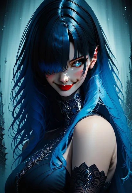 score_9, score_8_up, score_7_up,
d4rkh0r1z0ncorners, DarkHorizonCorners, UOCsStyle, rating_safe, 1girl, solo, long hair, breasts, looking at viewer, blush, smile, bangs, blue eyes, large breasts, black hair, closed dress, gloves, dress, bare shoulders, closed mouth, blue hair, upper body, multicolored hair, elbow gloves, hair over one eye, collar, lips, gradient hair, red lips,