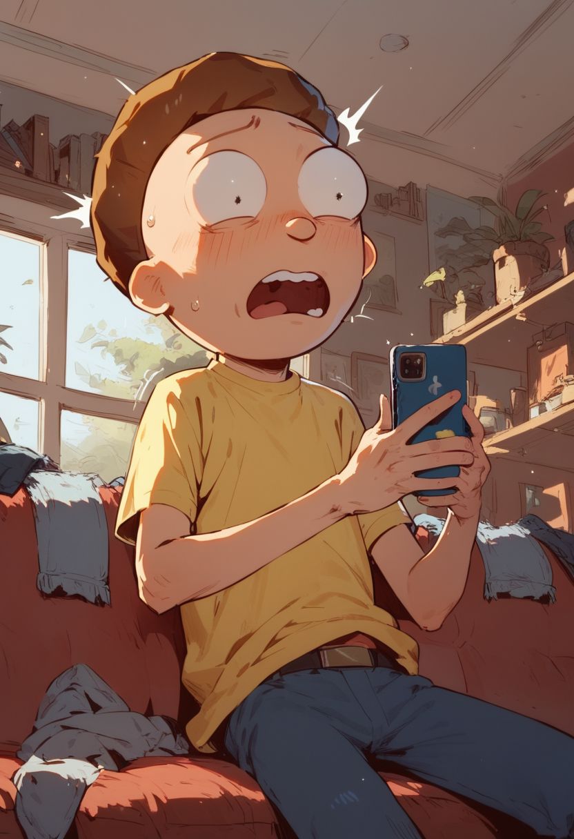 score_9, score_8_up, score_7_up, Expressiveh, morty Smith, morty looking at phone, holding phone, phone in hand, shocked, digust, suprised, open mouth, yellow shirt, sitting , living room