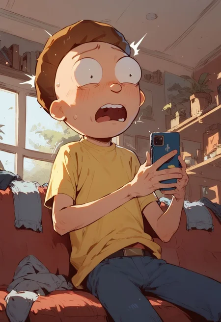 score_9, score_8_up, score_7_up, Expressiveh, morty Smith, morty looking at phone, holding phone, phone in hand, shocked, digust, suprised, open mouth, yellow shirt, sitting , living room