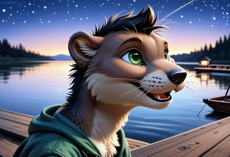anthro, male sea otter, whiskers, tufted fur, tufted ears, cheast tuft, otter tail, detailed fur, black hair, grey fur, green eyes, otter teeth, lake, night, sitting on pier, back view, open smile, fishing, coat, solo, close-up, stars, clothing,