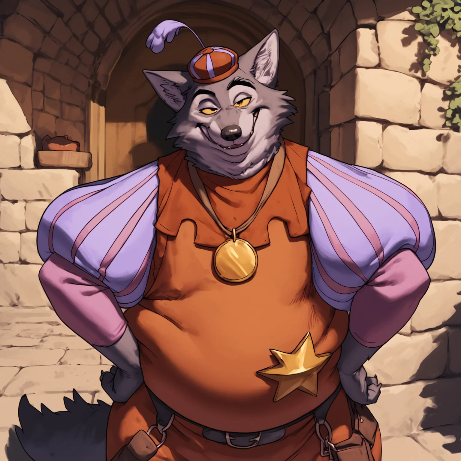 score_9, score_8_up, score_7_up, score_6_up, source_furry, zPDXL, expressiveh,by meesh, meesh, disney style,
detailed background, atmospheric lighting,
marketplace, standing, fantasy, medieval, half-length portrait, looking at viewer, smile, hands on own hips,
solo, male, Sheriff of Nottingham, male, wolf, grey fur, yellow sclera, obese, fat arms, moobs, flabby, love handles, fat rolls, squishy, huge bust, wide hips, thick thighs, huge butt, striped cap with purple feather, (sheriff tunic with long puffy purple sleeves:1.4), (necklace with golden medallion:1.1), (golden star badge on belly:1.1), medieval shoes, belt, (belt pouch:1.1),
<lora:Sheriff of Nottingham - Pony XL:1> <lora:Expressive_H:1> <lora:Meesh_Style_B:1>