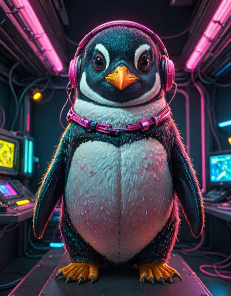 (ombre color scheme of neon pink, neon blue, neon green, neon yellow, neon yellow-red) (in the style of Zdzislaw Beksinski:1.2) (cute:1.4) (anime penguin:1.8) wearing a space helmet sitting at command chair with the lights of the consoles behind, in the style of sci - fi environments, glo - fi, aesthetic, comic, beeple, space background <lora:another-bored-particle:0.55>  <lora:add-detail-XL:0.65>, subsurface scattering, ultra hd, 4k, high def, Photorealistic, Hyperrealistic, Hyper detailed, analog style, realistic, masterpiece, best quality, ultra realistic, 8k, Intricate, High Detail, film photography, soft lighting,  heavy shadow