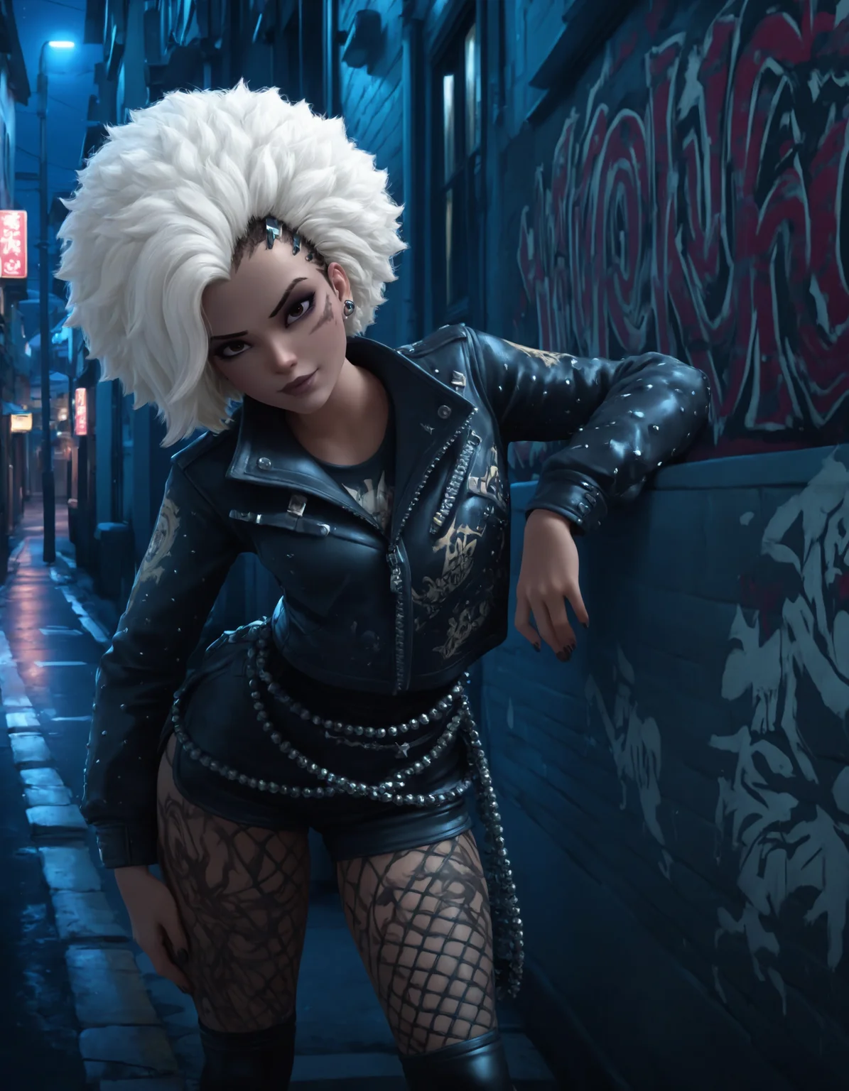 highly detail,  1girl, looking at the viewer, short white hair, Afro-punk clothes, Afro-punk style, leaning on the wall, night, street,
<lora:owstylev1ill:0.8>