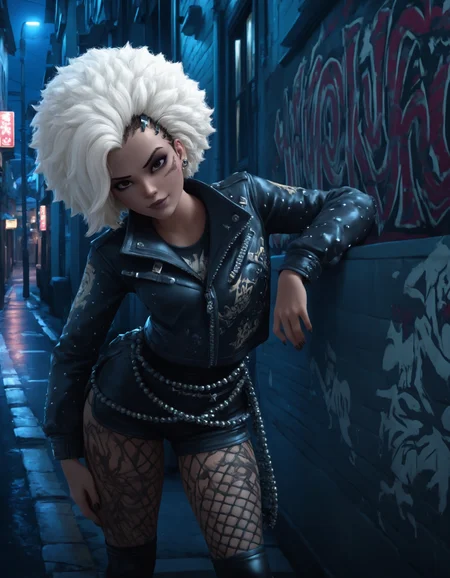 highly detail, 1girl, looking at the viewer, short white hair, Afro-punk clothes, Afro-punk style, leaning on the wall, night, street,
<lora:owstylev1ill:0.8>