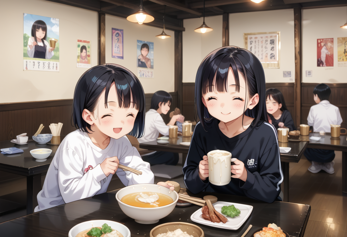 score_9, score_8_up, score_7_up, rating_safe, masterpiece, best quality, absurdres, unity 8k wallpaper, official art, official style, source_anime, game cg, megami magazine,
murayakuba, izakaya, black hair, multiple girls, shirt, cup, holding, beer mug, black shirt, chopsticks, bowl, closed eyes, indoors, table, food, short hair, sitting, smile, white shirt, jacket, long sleeves, poster (object)
 <lora:murayakuba_pony_V1:1>
