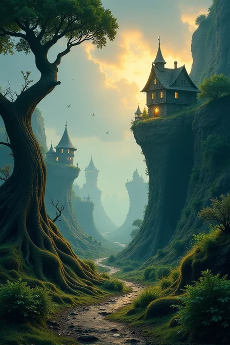 whimsical dark fantasy landscape
Design a twisted, otherworldly landscape with warped trees, floating houses, or swirling mist. Imagine a dreamlike city where everything tilts at odd angles, full of hidden details and eerie charm.âââ