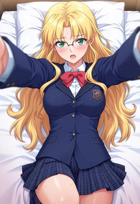 masterpiece, best quality, amazing quality, 1girl, solo, kyoukaww, green eyes, blonde hair, long hair, very long hair, wavy hair, parted bangs, glasses, medium breasts, school uniform, red bowtie, blazer, dark blue jacket, white collared shirt, long sleeves, plaid skirt, pleated skirt, socks, <lora:Ayamine_Kyouka_Yoridori_ill:0.8>, looking at viewer, lying, on back, reaching out, outstretched arms, looking at viewer, pov, blush, open mouth, sweat, pillow, bed, bed sheet, skindentation, detailed clothing folds, depth of field, sharp, high contrast, dynamic light