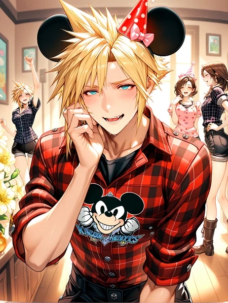 masterpiece, best quality, absurdres, amazing quality <lora:cfg_scale_boost:0.3> <lora:StS-Illustrious-Detail-Slider-v1.0:3> <lora:StS_Age_Slider_Illustrious_v1:3>,detailed_background,indoors,hat,plaid shirt,cloud strife,sleeves rolled up,upper body,hair bow,final fantasy vii,blush,blue eyes,xevir3399,hand up,red shirt,shorts,black shorts,party hat,bow,highres,smile,blonde hair,black shirt,short hair,sora \(kingdom hearts\),flower,flannel,kingdom hearts,boots,mickey mouse ears,final fantasy,plaid clothes,pink bow,male focus,open mouth,shirt,spiked hair,print shirt,hair between eyes,brown hair