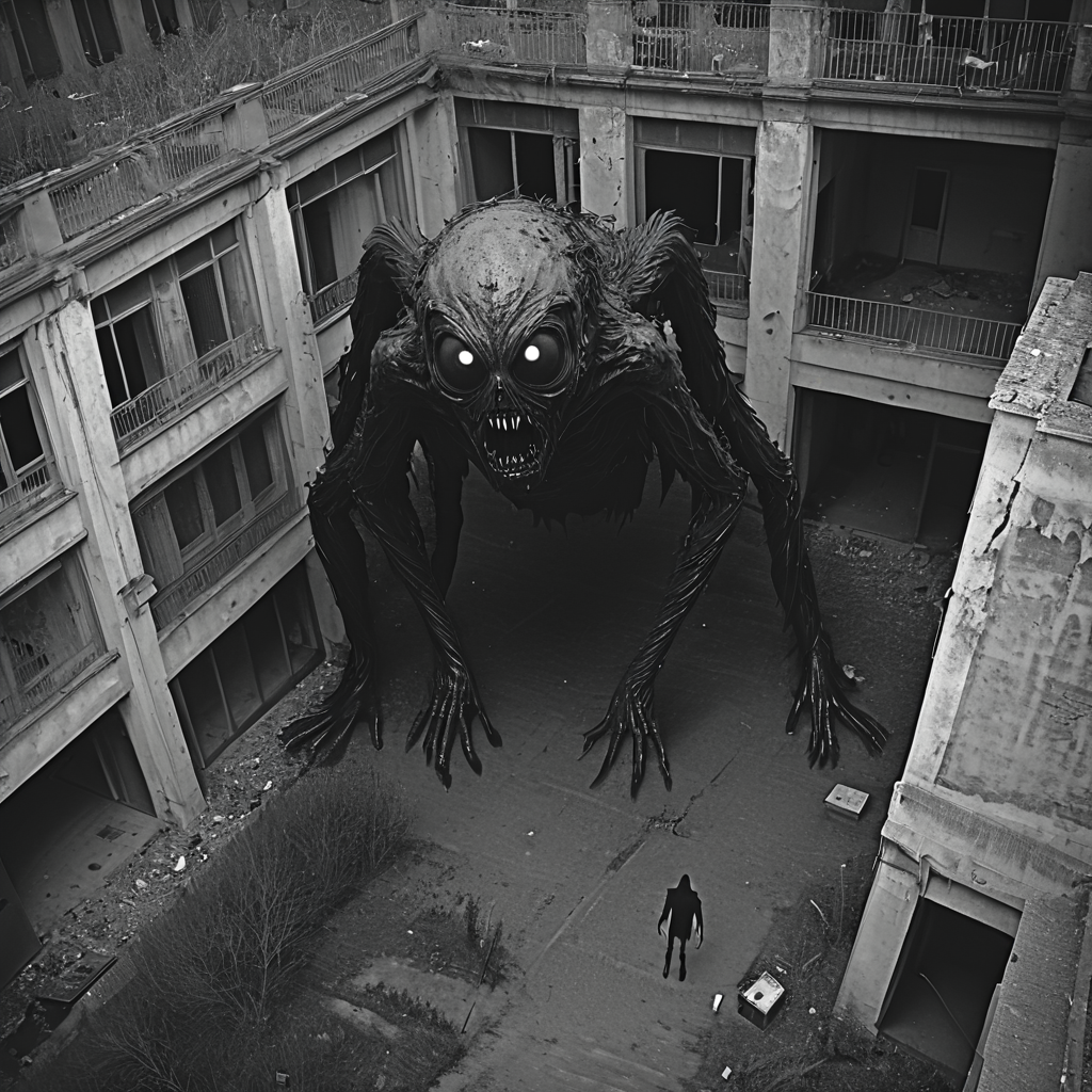 horrorcctvlora, abandoned building, horror (theme), monster, zombie, monochrome, bird view