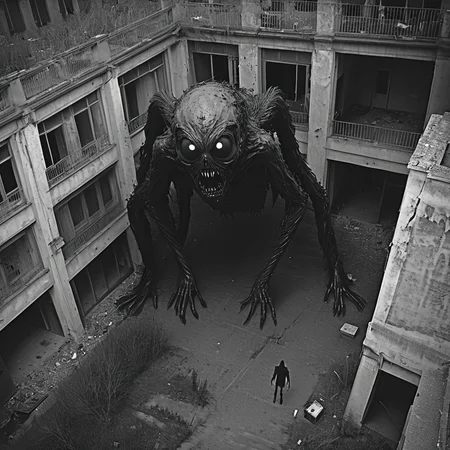 horrorcctvlora, abandoned building, horror (theme), monster, zombie, monochrome, bird view