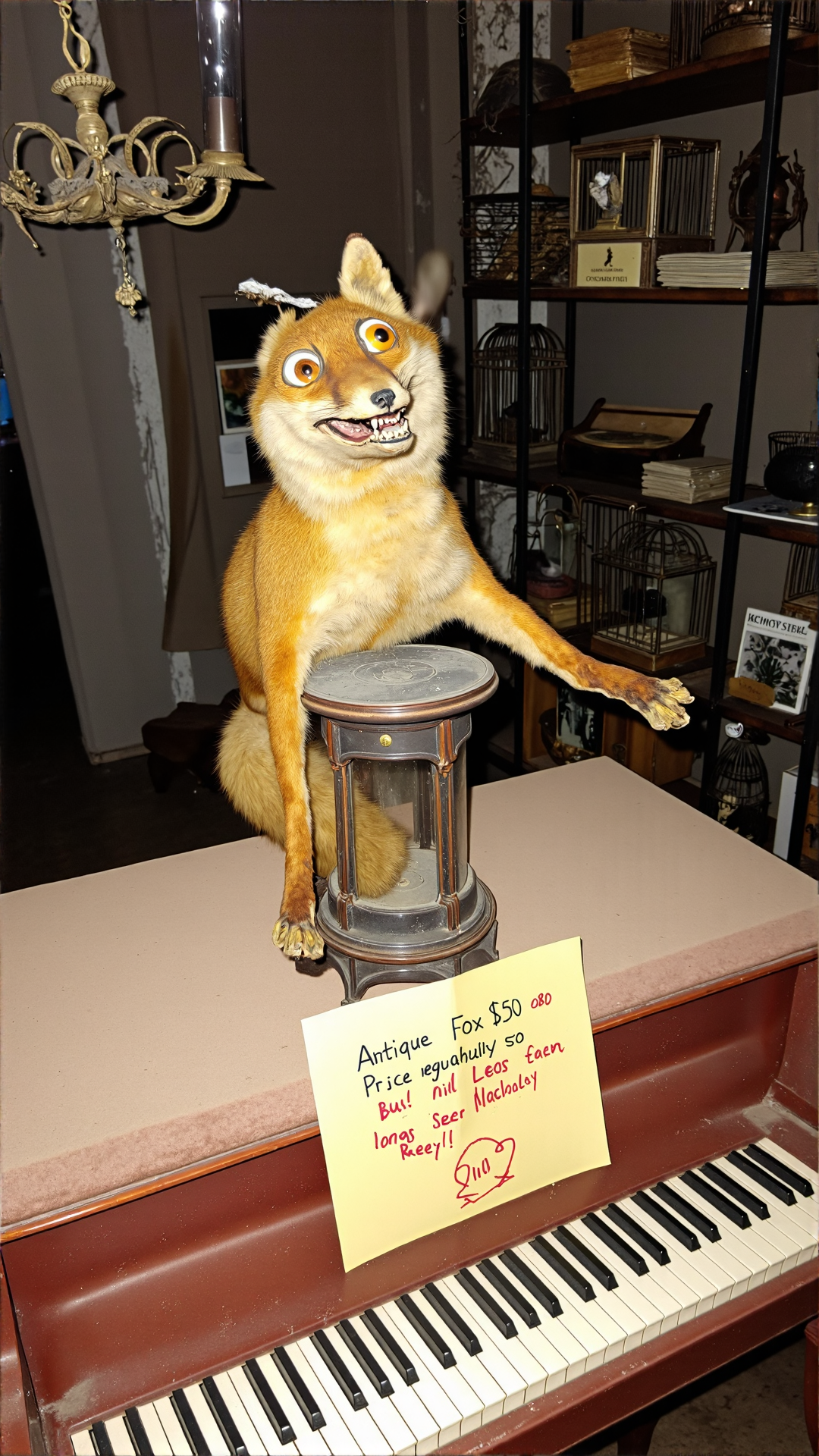 A photo of a badtxdrmy, bad taxidermy, A red fox, mounted in a glass case on a worn, velvet-covered pedestal, sits atop a dusty, thrift-store piano in the middle of a dimly lit, cluttered antique shop. The fox's fur is a dull, matted orange and its once-bright tail now hangs limp, crookedly pinned to its side. One glassy eye stares out in a slightly upward direction, while the other appears to be gazing directly into the fox's own ear. The fox's mouth is frozen in a weird, toothy grin, as if it had just been startled by its own ugliness. Its front paws are awkwardly splayed out to the sides, giving the impression that the fox had been trying to do a particularly poor rendition of a ballet pose.
On the piano, a faded, yellowed sign reads, "Antique Fox - $50 OBO" and beneath it, someone has scribbled in red ink, " Price negotiable - will trade for slightly-less-creepy owl." The surrounding shelves are cluttered with vintage birdcages, rusty lanterns, and stacks of outdated National Geographics, adding to the overall air of decrepitude and neglect. In the background, a large, cobweb-covered chandelier hangs from the ceiling, casting flickering shadows around the room that make the fox's already strange expression seem even more macabre.<lora:BadTaxidermiFlux:1>