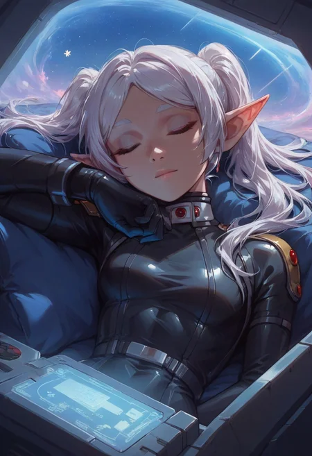score_9, score_8_up, score_7_up, score_6_up, perfect face, perfect eyes,,4ng3l face , 1girl, solo,
nereirfpnxl,frieren, elf, white hair, green eyes, twintails, , white tight plugsuit, latex, resting, relaxing, ((sleeping, eyes closed)), light smile,
gundamwingcockpit, futuristic, scifi, controls, joystick, holographic interface, technology, spaceship, (stars),