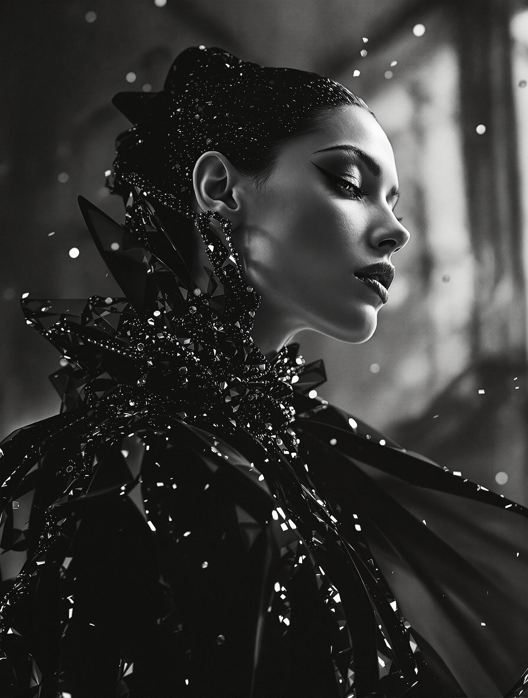 Fashion editorial feel, modern, dancing, cinematic image of an actress by Peter Lindbergh, David Lachapelle and Jeanloup Sieff, Iris van Herpen. Bullur,