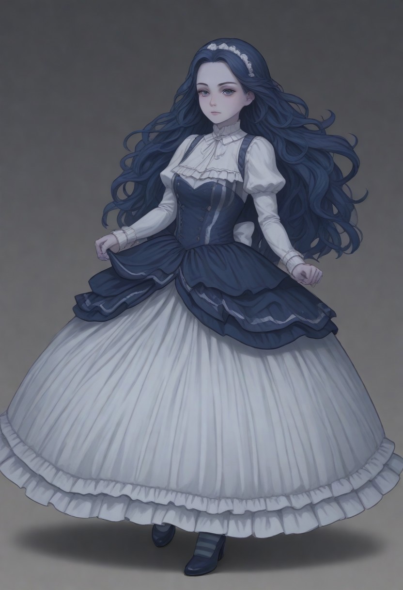 1 girl, frankelda, 1 girl, blue hair, long hair, curly hair, blue skin, striped longsocks, victorian dress
