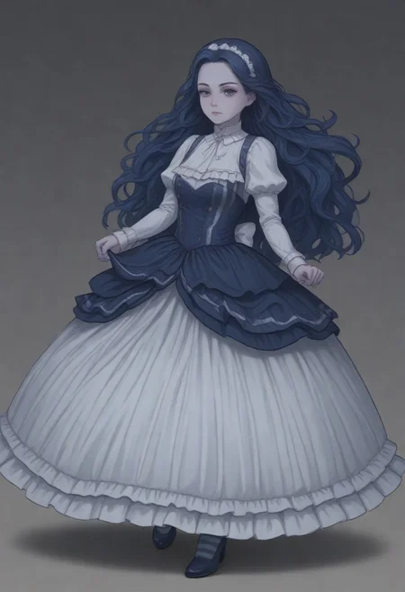 1 girl, frankelda, 1 girl, blue hair, long hair, curly hair, blue skin, striped longsocks, victorian dress