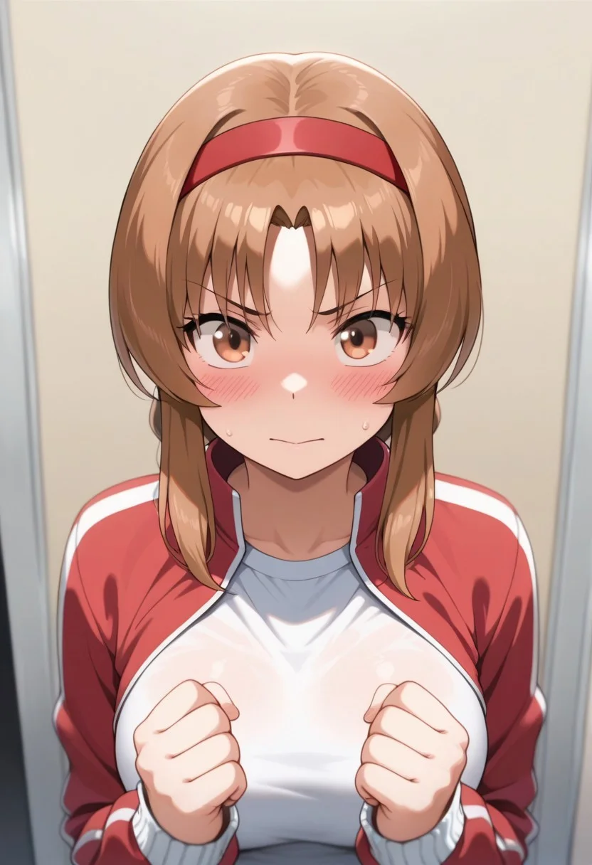 masterpiece,best quality,amazing quality, takao, brown hair, brown eyes, long hair, hairband, 1girl, solo, jacket, braid, red hairband, blush, track jacket, clenched hands, shirt, upper body, open jacket