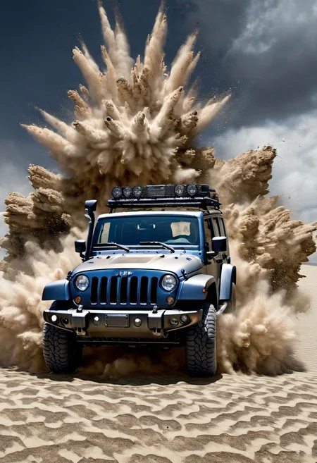 hyperrealistic art (a jeep with hunters:1.1), shots, the sand explodes
<lora:cxp:1.0> cxp style . extremely high-resolution details, photographic, realism pushed to extreme, fine texture, incredibly lifelike