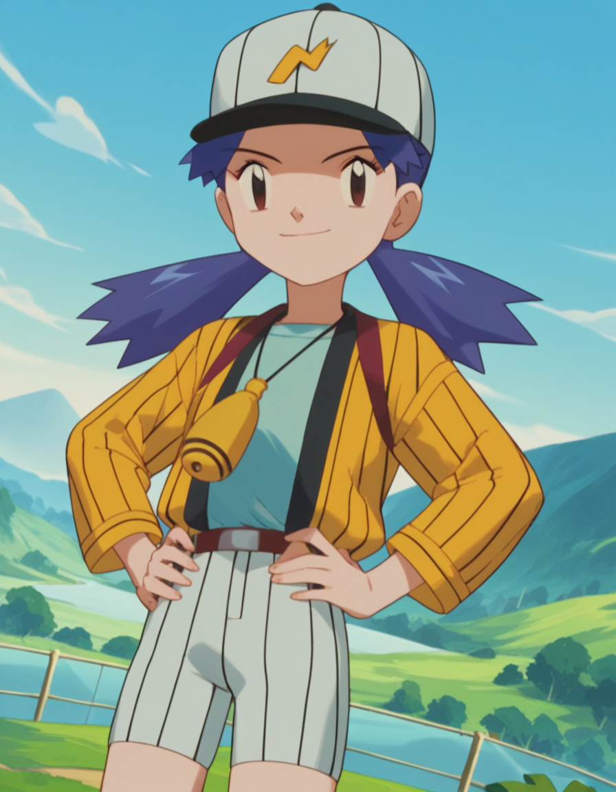 score_9, score_8_up, score_7_up, source_anime,
pokemoncasey, <lora:pokemon-casey-anime-ponyxl-lora-nochekaiser:1>,
casey, long hair, twintails, blue hair,
shirt, long sleeves, hat, striped, white headwear, baseball cap,
landscape, smile, hands on hips,
looking at viewer, cowboy shot, dutch angle, solo,