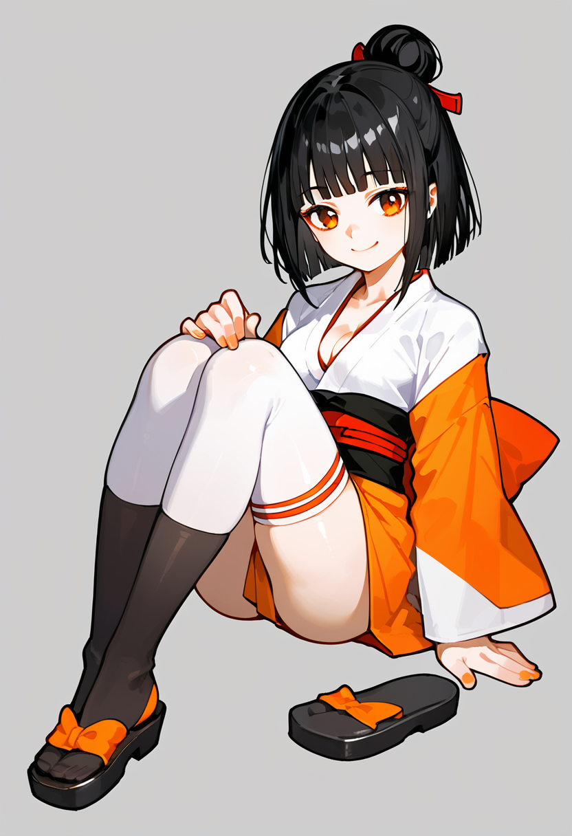 score_9, score_8_up, score_7_up, score_6_up, source_anime, anime, 
full body, grey background, simple background, tachi-e, 
., 
1girl, kaguya, black hair, orange eyes, happy expression, medium breasts, cleavage, smile, closed mouth, 
hime cut, short hair, thighhighs, japanese clothes, miko, 
<lora:tianwaiXLP6lokrV53P1T1-000208:0.4>