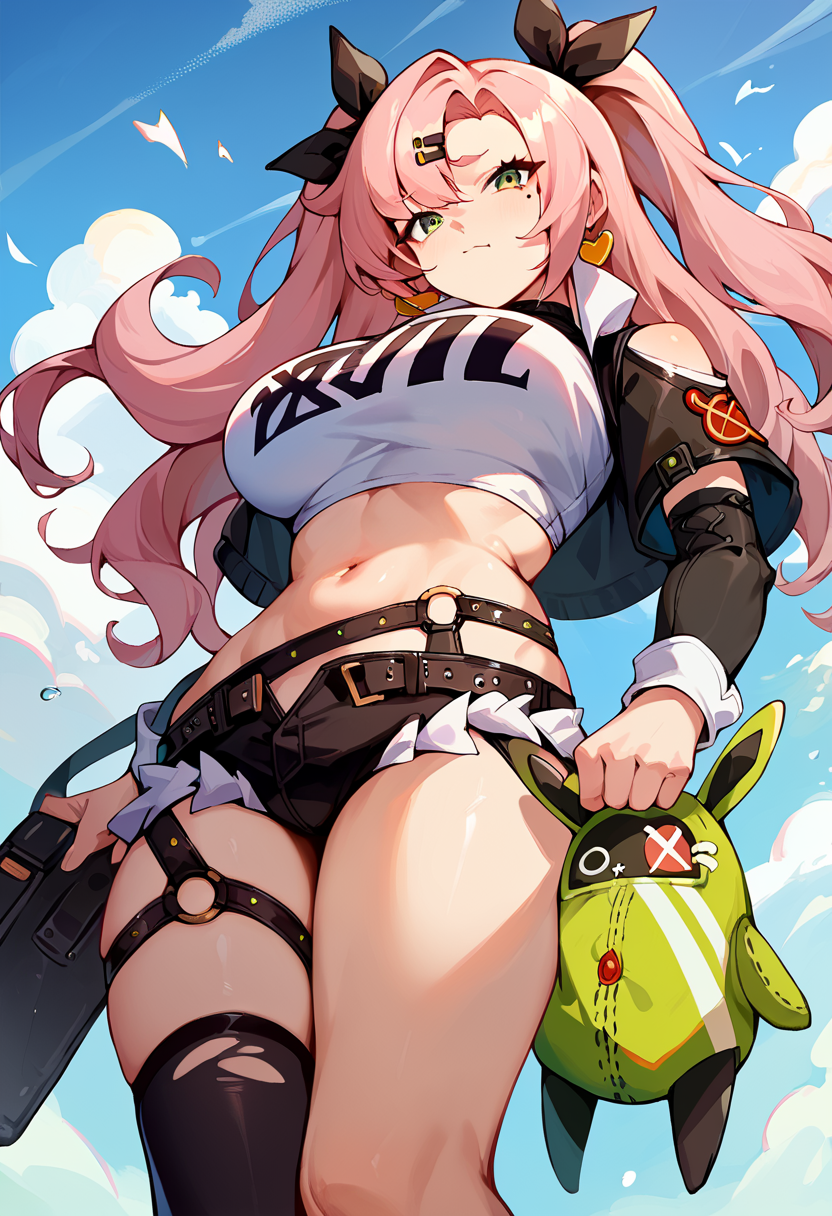 score_9, score_8_up, score_7_up, uncensored, source_anime, 1girl, <lora:spzzzNicoleDeramaXLPony:1> nicoledef, mole under eye, hair ribbon, black ribbon, hairclip, earrings, crop top, strapless, tube top, black shorts, micro shorts, black jacket, black thighhigh, single thighhigh, thigh strap