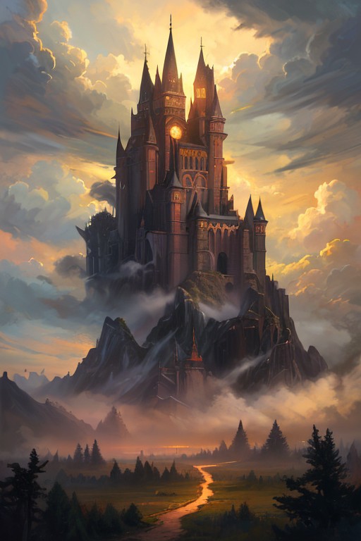 hyperrealism oil painting, ghost of the castle,
thunderstorm, and many small clouds, and slightly cloudy, fantasy forest,
an expansive ancient forest, featuring towering oaks, diverse wildlife, a variety of flora,
{dawn|dusk|night},