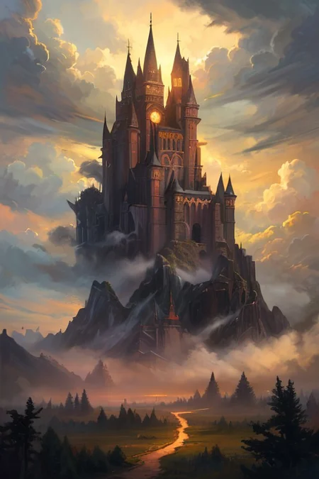 hyperrealism oil painting, ghost of the castle,
thunderstorm, and many small clouds, and slightly cloudy, fantasy forest,
an expansive ancient forest, featuring towering oaks, diverse wildlife, a variety of flora,
{dawn|dusk|night},