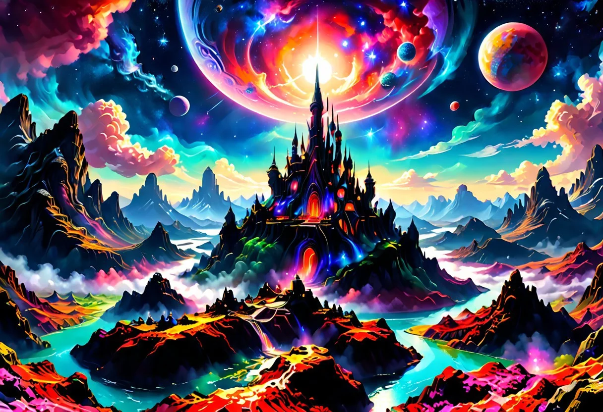 masterpiece,realistic,best quality,on a distant planet orbiting a red dwarf star,multiple immense alien castles sit atop 16 mountains separated by valleys and rivers and lakes,in the sky a brilliant clear sky presents nebulae and galaxies interspersed with oddly shaped non circular moons,psychedelic vivid colors,advanced societies with high tech future style,<lora:add-detail-xl:1>,<lora:Detail Slider V2 By Stable :1>,<lora:detailed_notrigger:1>,
zPDXL,ziprealism,ImgFixerPre0.3,<lora:SDXLFaeTastic2400:1>,<lora:RMSDXL_Enhance:1>,<lora:sdxl_photorealistic_slider_v1:1>,<lora:ral-3dwvz-sdxl:0.4>,ral-3dwvz,
