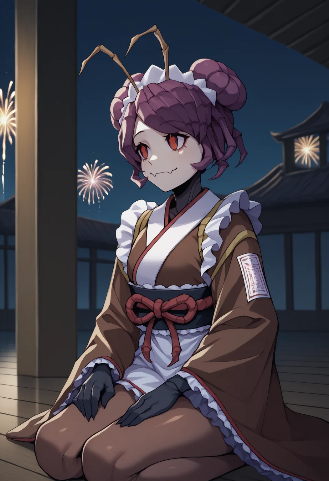 anime, masterpiece, best quality, solo, 1girl, etmzt, monster girl, arthropod girl, skin fangs, closed mouth, looking away, seiza, hands on own thighs, purple hair, double bun, maid headdress, antennae, japanese clothes, ofuda on clothes, frills, short kimono, brown kimono, long sleeves, wide sleeves, black gloves, black sash, obi, white apron, brown pantyhose, east asian architecture, night, moonlight, fireworks, wooden floor
<segment:yolo-Anzhc Face seg 640 v2 y8n.pt,0.4,0.5//cid=1>