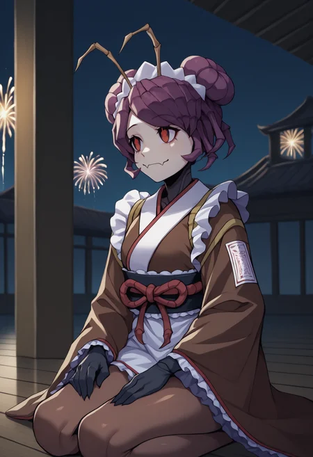 anime, masterpiece, best quality, solo, 1girl, etmzt, monster girl, arthropod girl, skin fangs, closed mouth, looking away, seiza, hands on own thighs, purple hair, double bun, maid headdress, antennae, japanese clothes, ofuda on clothes, frills, short kimono, brown kimono, long sleeves, wide sleeves, black gloves, black sash, obi, white apron, brown pantyhose, east asian architecture, night, moonlight, fireworks, wooden floor
<segment:yolo-Anzhc Face seg 640 v2 y8n.pt,0.4,0.5//cid=1>
