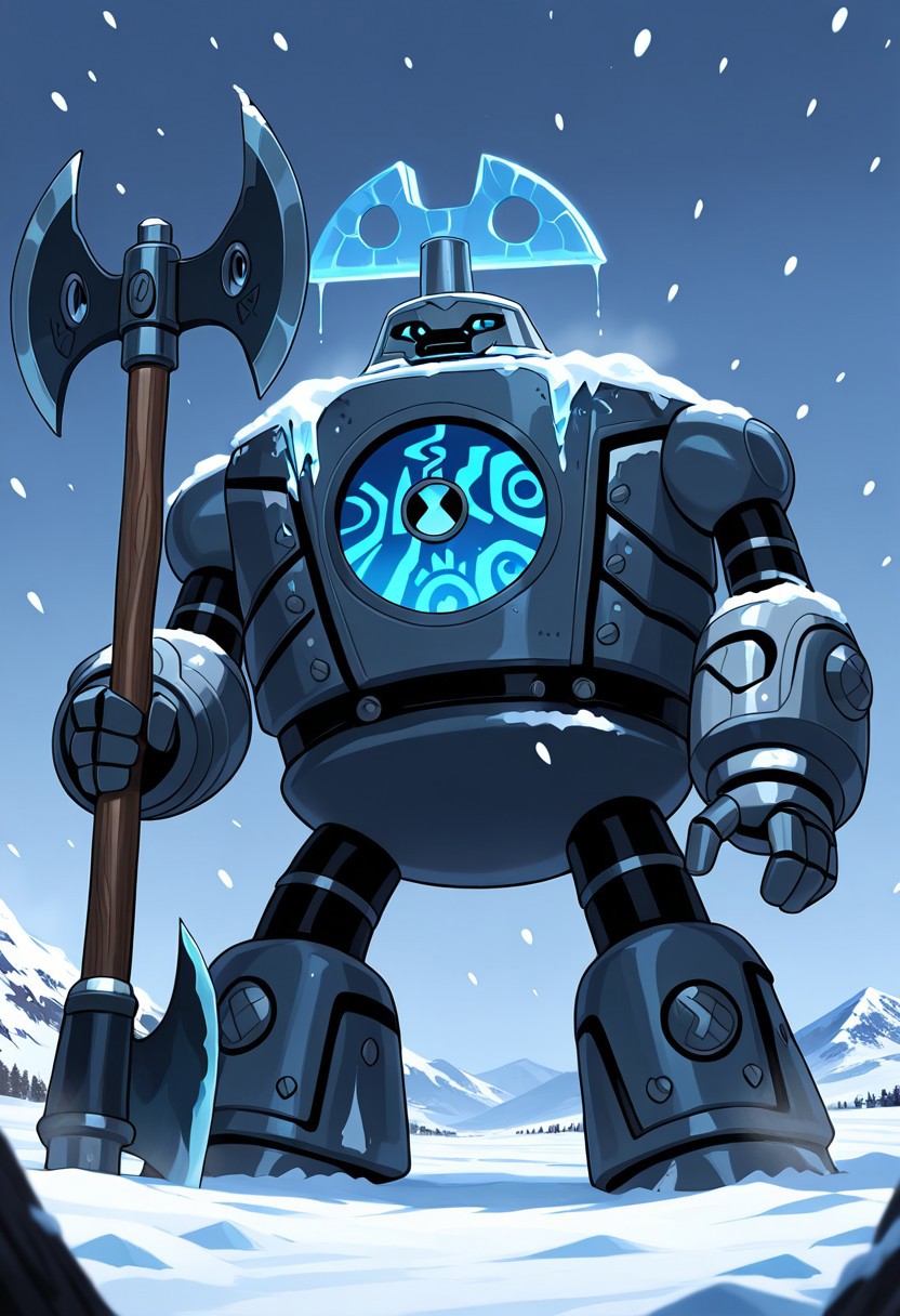 masterpiece, best quality, amazing quality, very aesthetic, absurdres, newest, 
 clockwork, robot, solo, no humans, 
snowing background, heavy snow, freezing robot, ice forming, Viking village, frozen Viking village, holding frozen axe, Viking axe, battle axe,