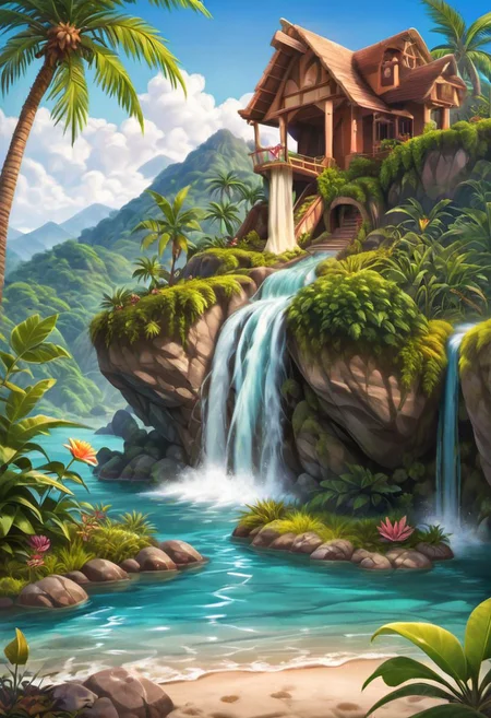 (masterpiece), realistic lighting,vivid color,ultra sharp,score_9, score_8_up, score_7_up, score_6_up, score_5_up, score_4_up,source_anime, realistic illustration, intricate details, hyperdetailed, extremely sharp,4k, (Kairunoburogu, by neocoill:0.5), Ink illustration, Ink illustration, a tree house, rustic, stilt house, on a beautiful tropical beach, surrounded by mountains, waterfalls, flagstone floor, wood, palm trees, streams, water lilies, natural pools, vibrant color palette, sunrise, hissing clouds