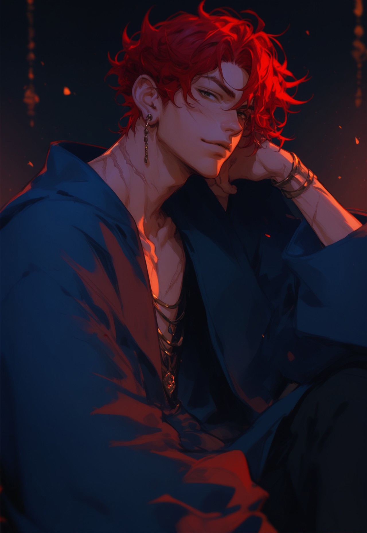 safe_pos, score_9, score_8_up, score_8, a young man sitting on the chair with a robe over his body, 1boy, male focus, solo, jewelry, looking at viewer, earrings, scar, red hair, semi-realism