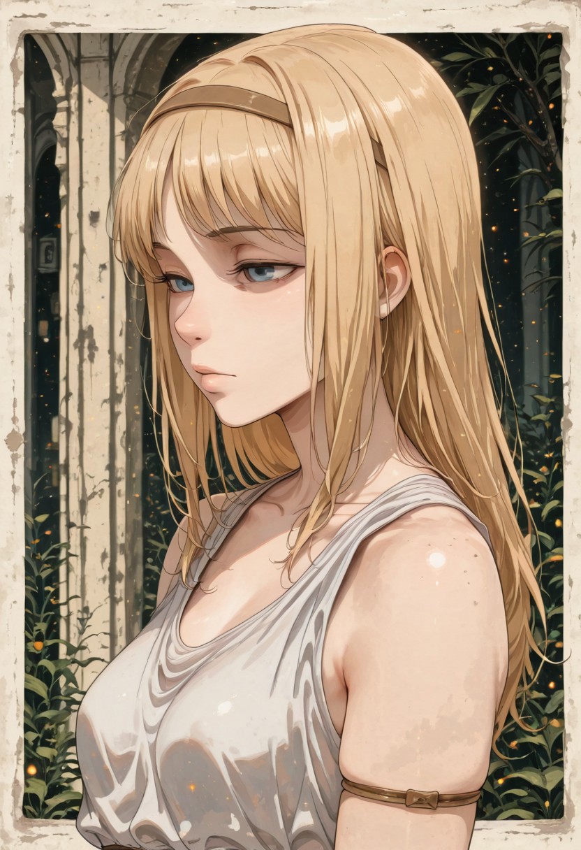 score_9, score_8_up, score_7_up,source_anime, high res image, masterpiece, best quality, masterpiece, newest, absurdres, best quality, hires, 
BREAK 1girl, solo, ymirfritz , blonde hair, bangs,blue eyes,mature female,brown hairband, expressionless,  small breasts
white dress,sleevless,armlet
closeup, closeup to face, portrait, frozen picture, outside border
simple background
cinematic angle, detailed background, beautiful background, (rays light:1.0),(grow:1.0), light particles