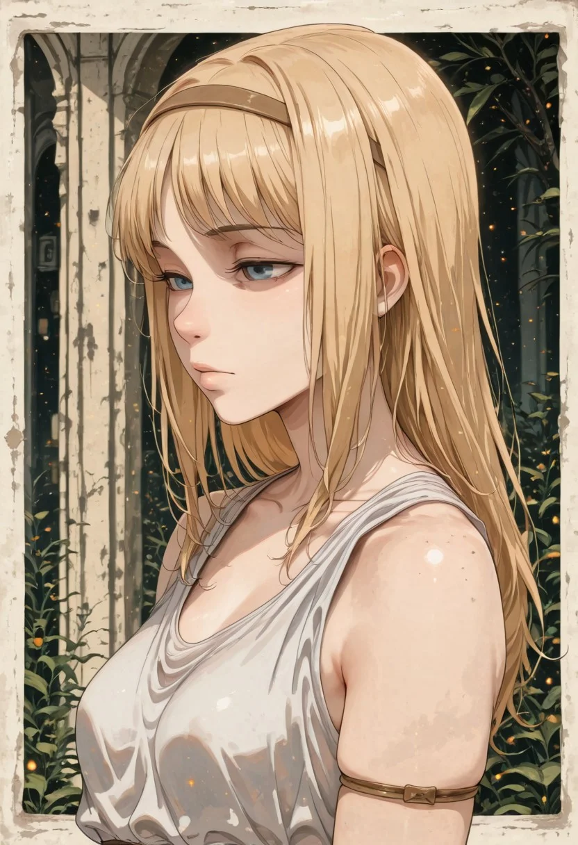 score_9, score_8_up, score_7_up,source_anime, high res image, masterpiece, best quality, masterpiece, newest, absurdres, best quality, hires, 
BREAK 1girl, solo, ymirfritz , blonde hair, bangs,blue eyes,mature female,brown hairband, expressionless,  small breasts
white dress,sleevless,armlet
closeup, closeup to face, portrait, frozen picture, outside border
simple background
cinematic angle, detailed background, beautiful background, (rays light:1.0),(grow:1.0), light particles