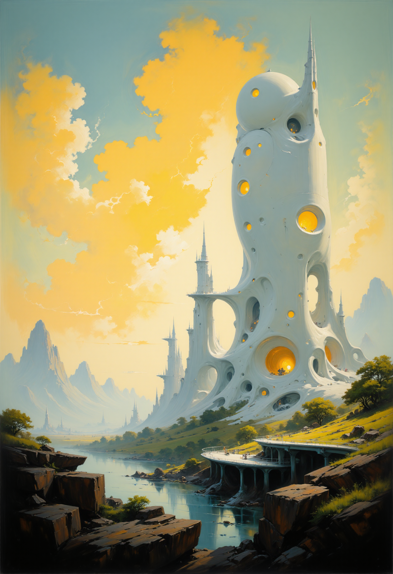 A beautiful expressive painting.
This is a high-quality CGI image featuring a futuristic cityscape with a gigantic, ivory white, organic tree-like structure at its center. The tree has a smooth, organic shape with multiple branches and glowing, circular portals embedded in its trunk. Surrounding the tree is a modern city with sleek, curved buildings and a network of elevated walkways. The sky is filled with dramatic, golden clouds illuminated by the setting sun, casting a warm, ethereal glow over the scene. The camera angle is slightly elevated, providing a comprehensive view of the city's layout and the unique tree structure. The overall aesthetic quality of the image is very high, with meticulous attention to detail and a harmonious blend of natural and futuristic elements.
<lora:articp01_epoch_13:1>