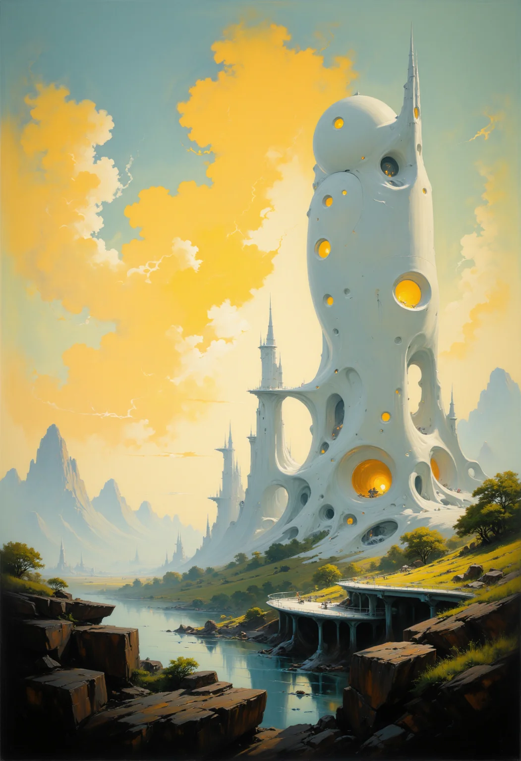 A beautiful expressive painting.
This is a high-quality CGI image featuring a futuristic cityscape with a gigantic, ivory white, organic tree-like structure at its center. The tree has a smooth, organic shape with multiple branches and glowing, circular portals embedded in its trunk. Surrounding the tree is a modern city with sleek, curved buildings and a network of elevated walkways. The sky is filled with dramatic, golden clouds illuminated by the setting sun, casting a warm, ethereal glow over the scene. The camera angle is slightly elevated, providing a comprehensive view of the city's layout and the unique tree structure. The overall aesthetic quality of the image is very high, with meticulous attention to detail and a harmonious blend of natural and futuristic elements.
<lora:articp01_epoch_13:1>