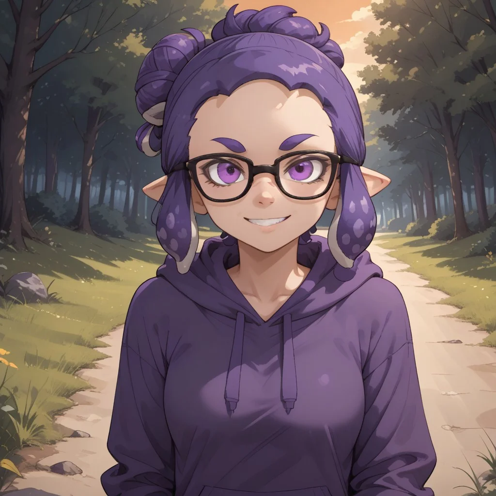 score_9, score_8, BREAK, solo, splatoon, inkling, female inkling, 1girl, tentacle hair, purple hair, single hair bun, purple eyes, glasses, cute, purple eyebrows, purple hoodie, purple jeans, purple shoes, breasts, Jeanette_Romero_(\OC_Inkling\), sexy pose, self portrait, smile, outdoors, sunlight, shadows, evening lighting, natural lighting, forest, trees, grass, orange sky, sunset
