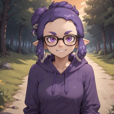 score_9, score_8, BREAK, solo, splatoon, inkling, female inkling, 1girl, tentacle hair, purple hair, single hair bun, purple eyes, glasses, cute, purple eyebrows, purple hoodie, purple jeans, purple shoes, breasts, Jeanette_Romero_(\OC_Inkling\), sexy pose, self portrait, smile, outdoors, sunlight, shadows, evening lighting, natural lighting, forest, trees, grass, orange sky, sunset